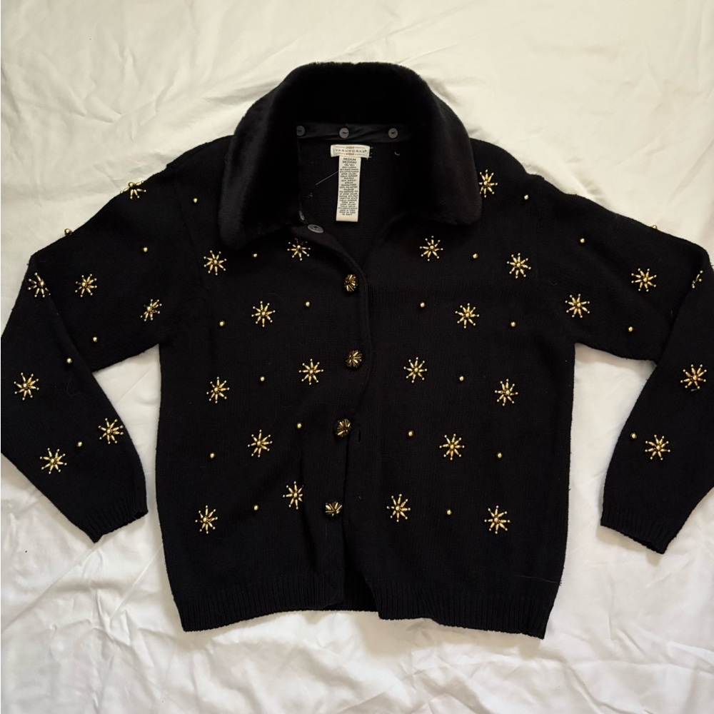 Holiday Black Cardigan with Gold Star Embellishments